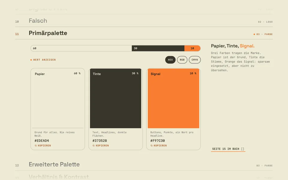 Brand-Book-Seite von Silas Pittner, Thema Primärpalette: Papier, Tinte und Signal mit Anteil, Werten und Kopierfunktion.