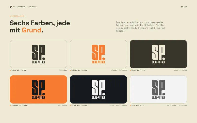 Logo Guide von Silas Pittner, Seite Farbstellungen: das Logo in sechs Farben auf seinen erlaubten Gründen.