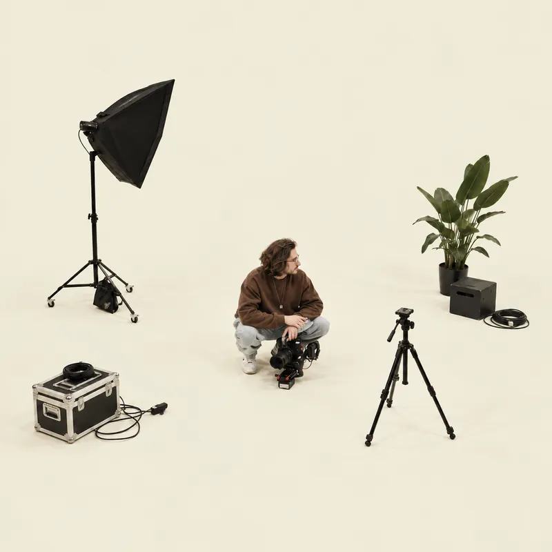 Silas mit Videokamera, Softbox und Stativ auf cremefarbener Hohlkehle