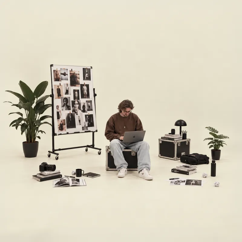 Silas am Laptop vor dem Moodboard im Studio